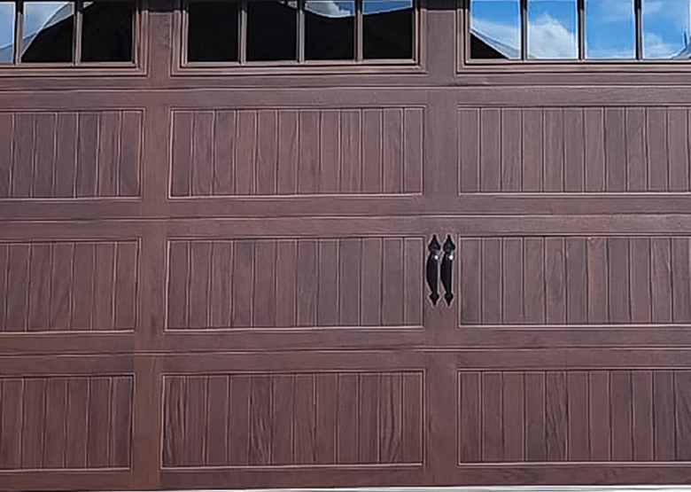 Close up of a mahogany garage door