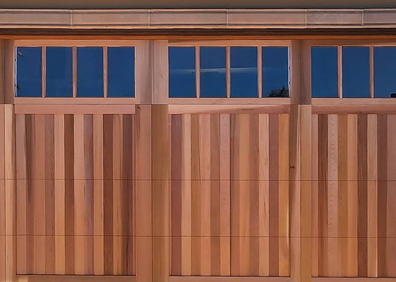 Close up of modern woodgrain garage door