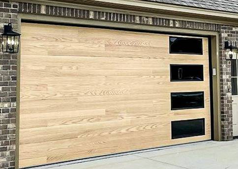 Close up of natural oak garage door